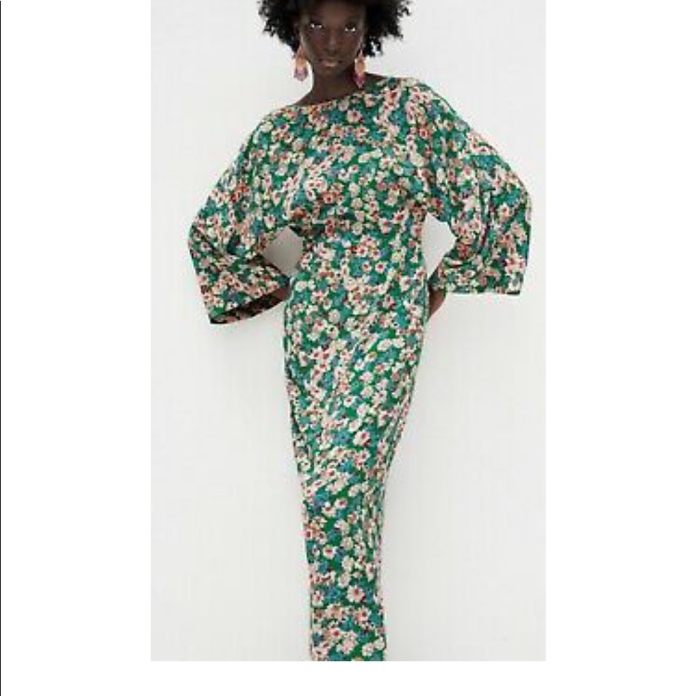 NWT ZARA DRESS MIDI FLORAL WIDE NECKLINE LONG SLEEVES SLIT HEM INVISIBLE ZIP L